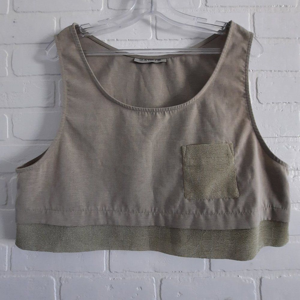NWOT Cateye Sage Green Linen Blend and Layered Edge Crop Top Tank Size Large